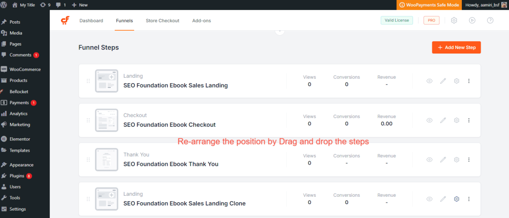 How to Clone/Duplicate the Funnel or Step in CartFlows? Cartflows Rearrage Steps Position 1024x440