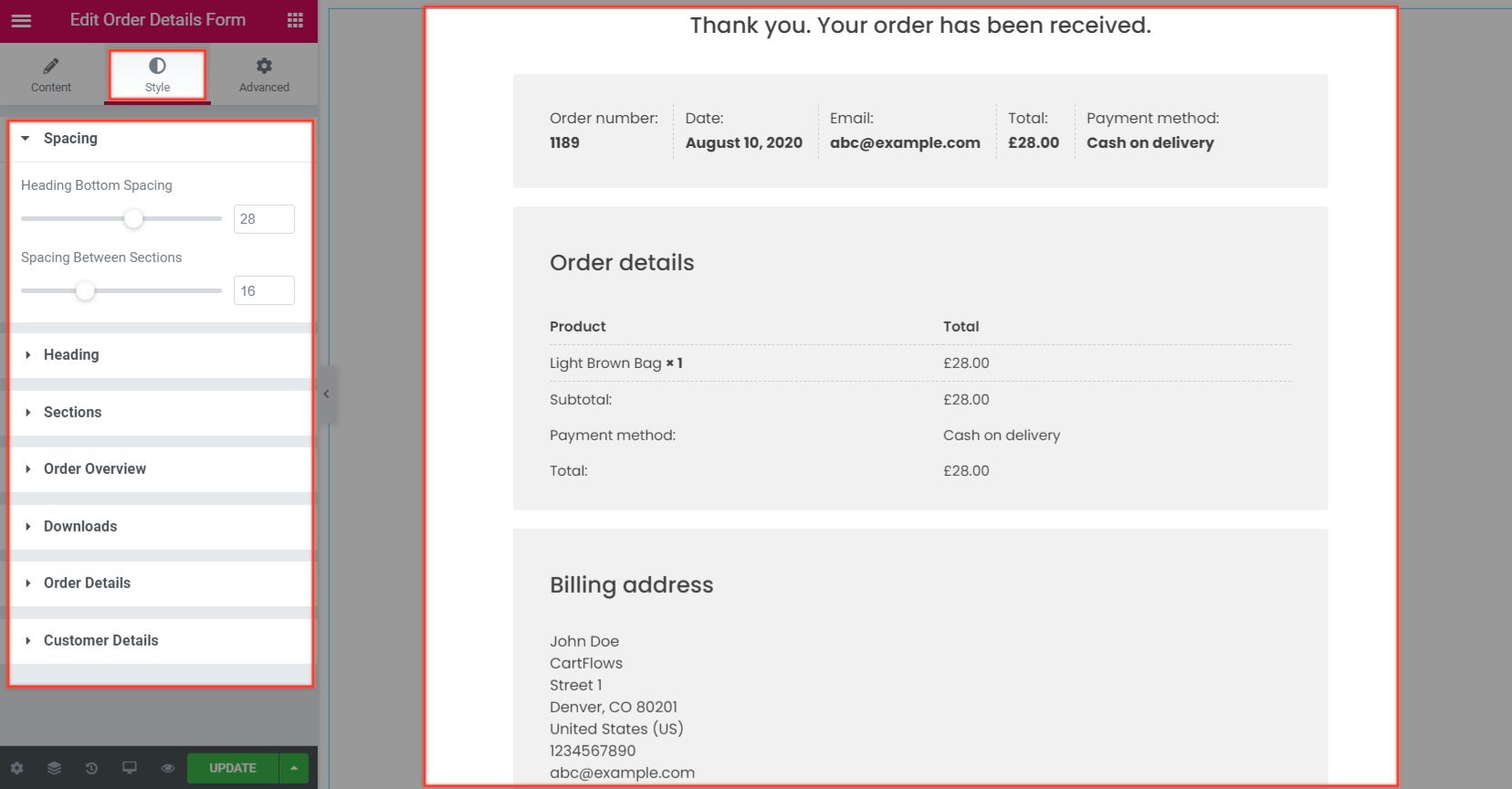 Cartflows Order Details Style Settings