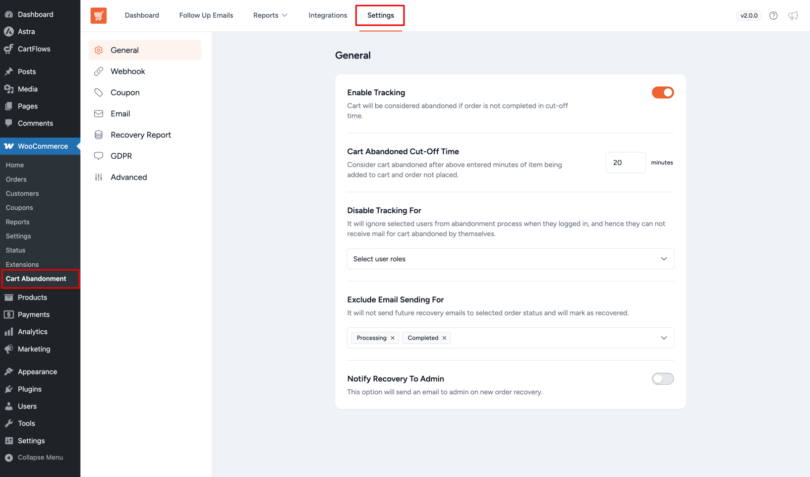 WooCommerce Cart Abandonment Recover Settings