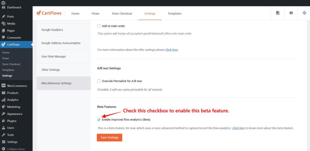 Cartflows Setting Enable Beta Feature 1024x498