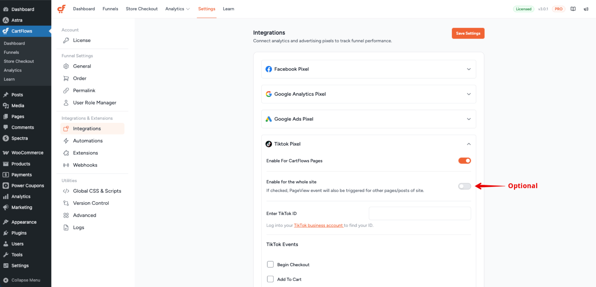 Enable TikTok Pixel for the whole Site