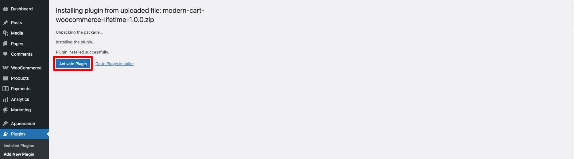 Activate Modern Cart for WooCommerce Plugin