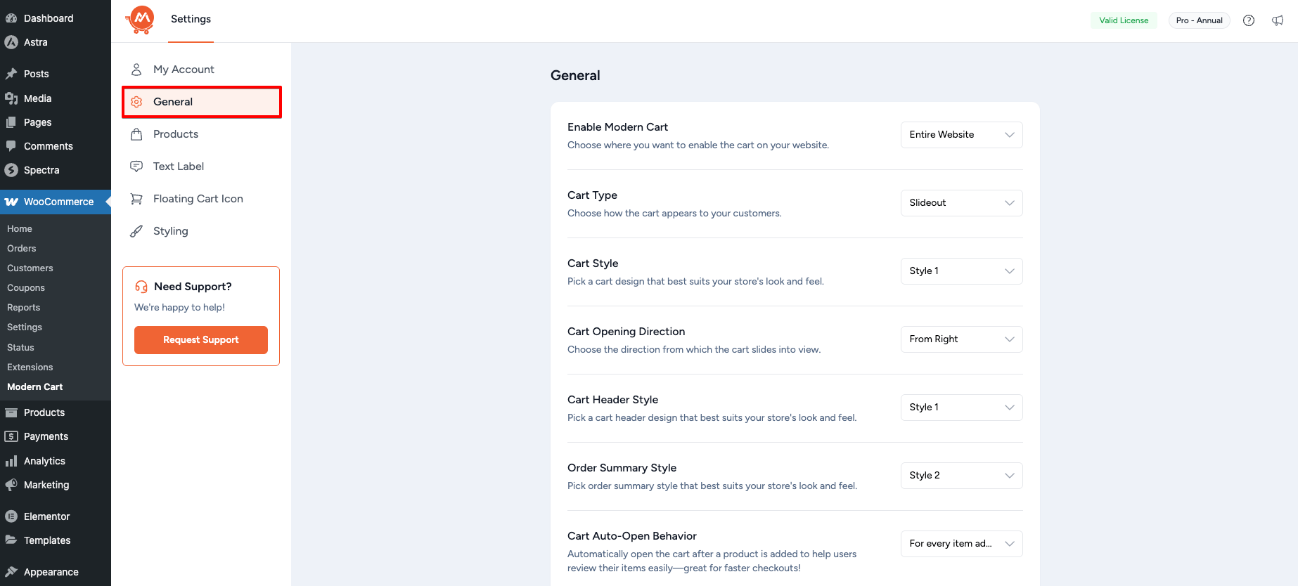 General Settings Modern Cart for WooCommerce