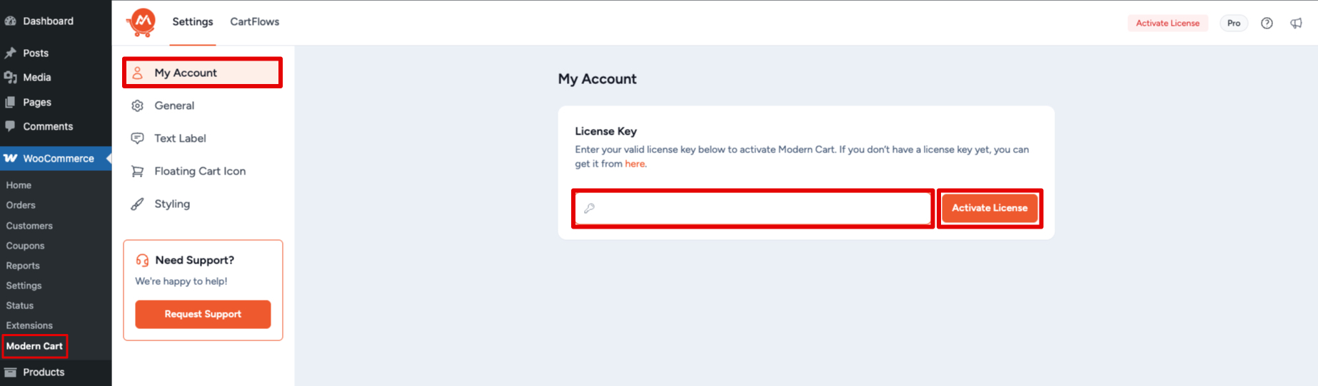 Modern Cart for WooCommerce License Key Field
