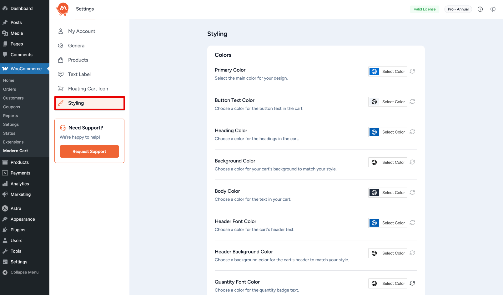 Modern Cart for WooCommerce Styling Settings