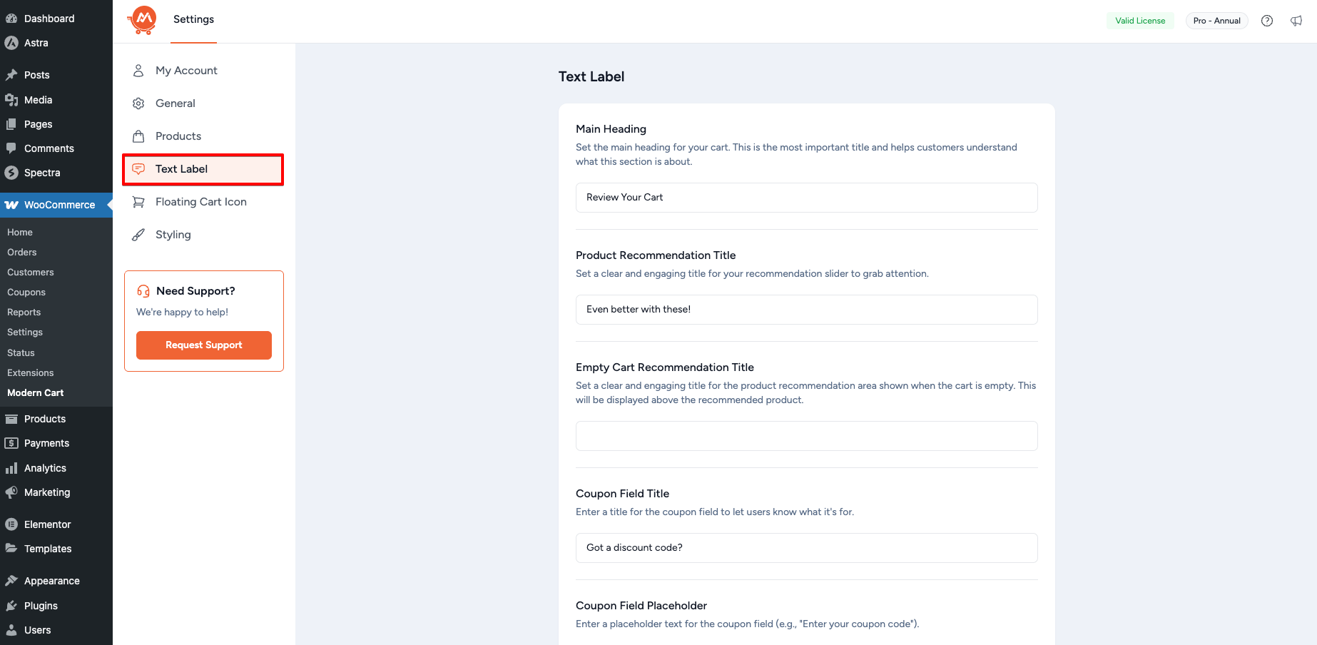 Modern Cart for WooCommerce Label Settings