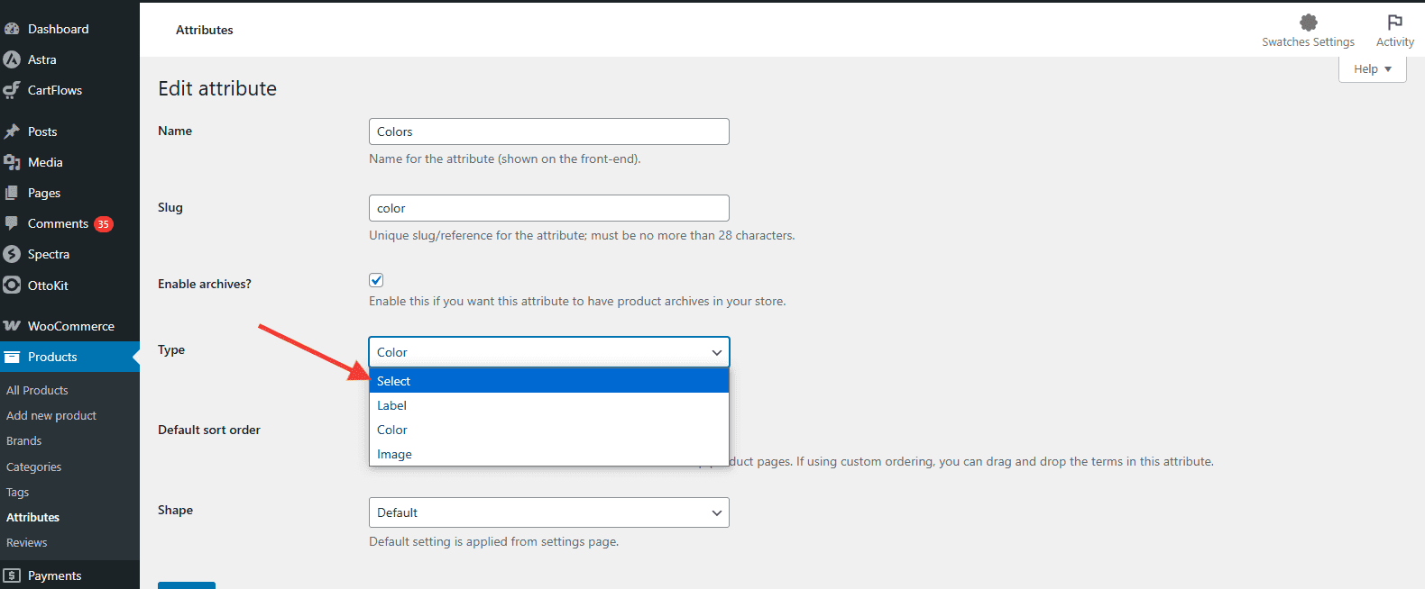 Swatch Type Settings