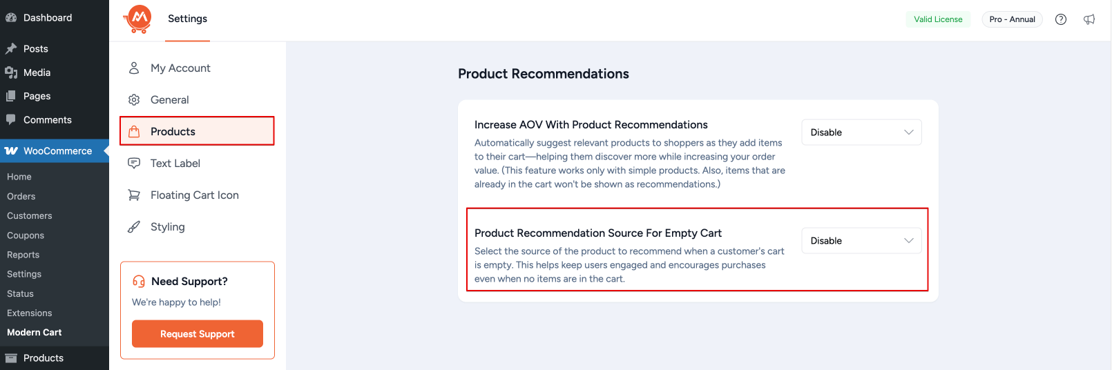 Product Recommendation Source for Empty Cart Setting