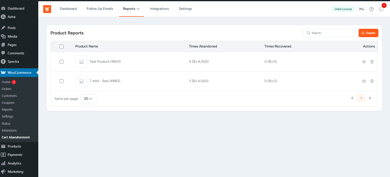 Products Report Dashboard