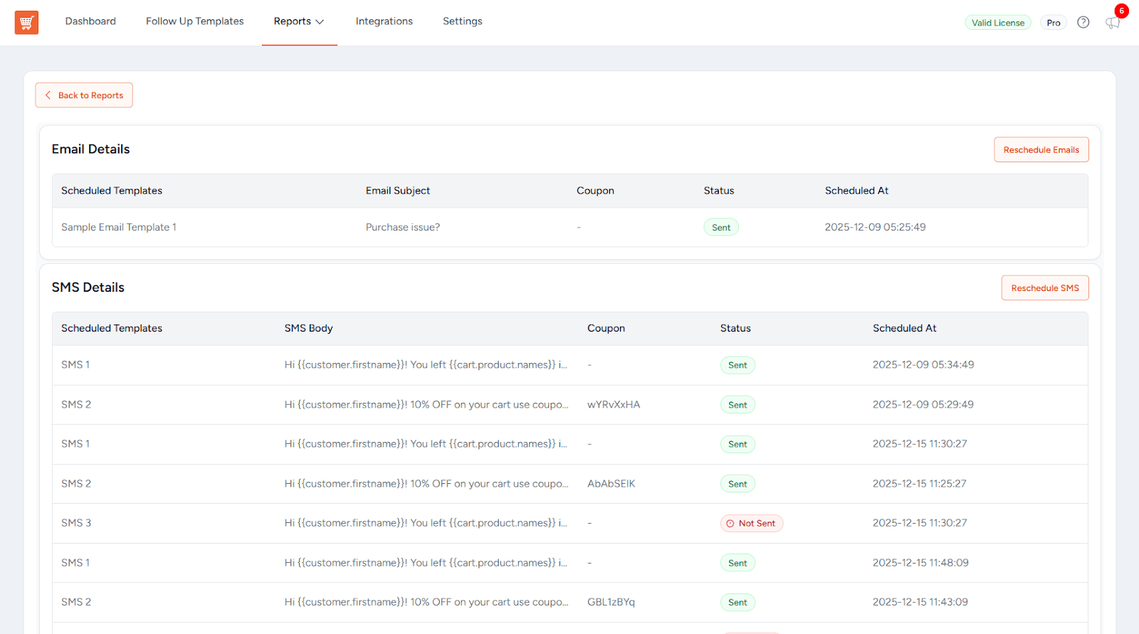 SMS Follow Up Reports