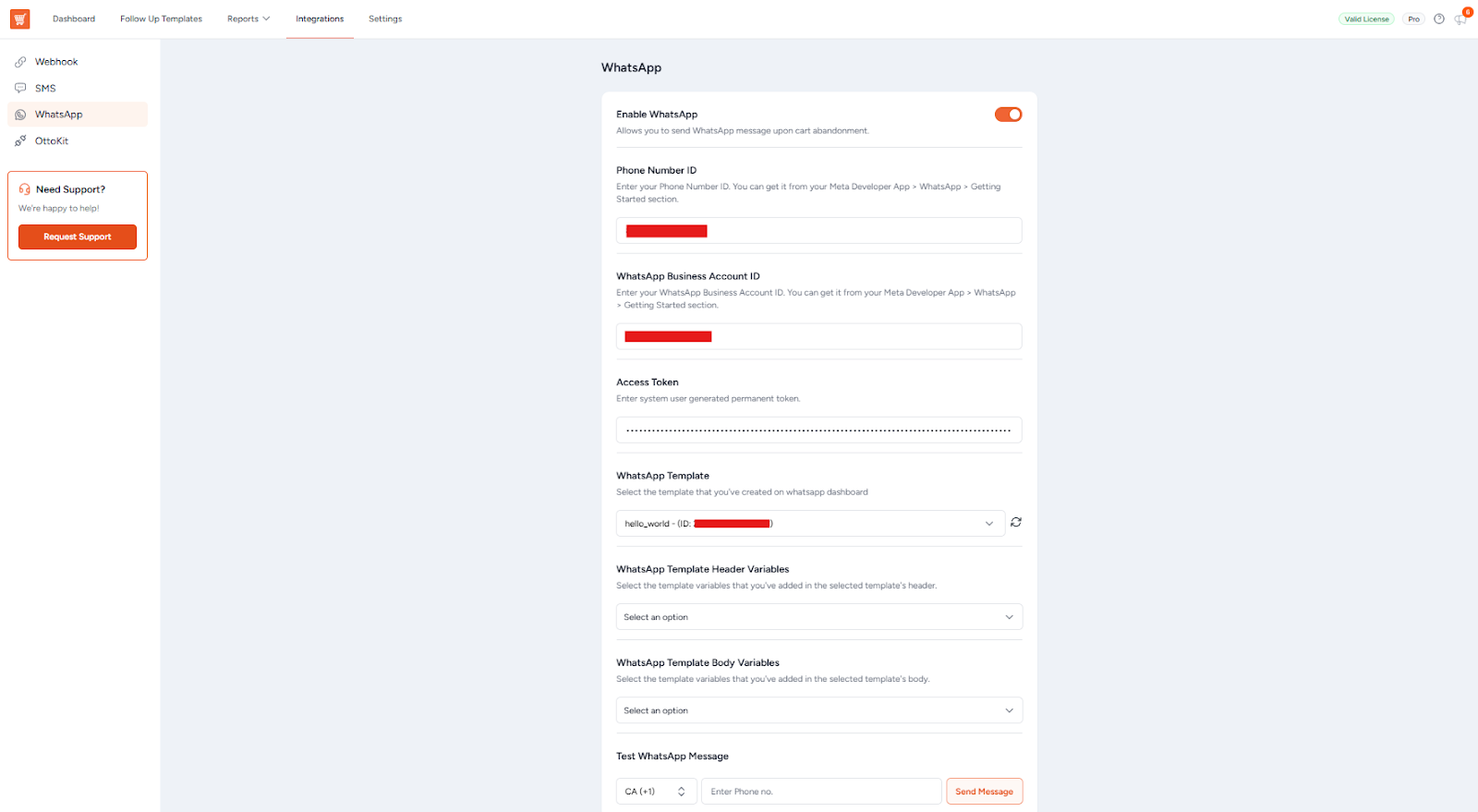Cart Abandonment Recovery WhatsApp Integration Settings