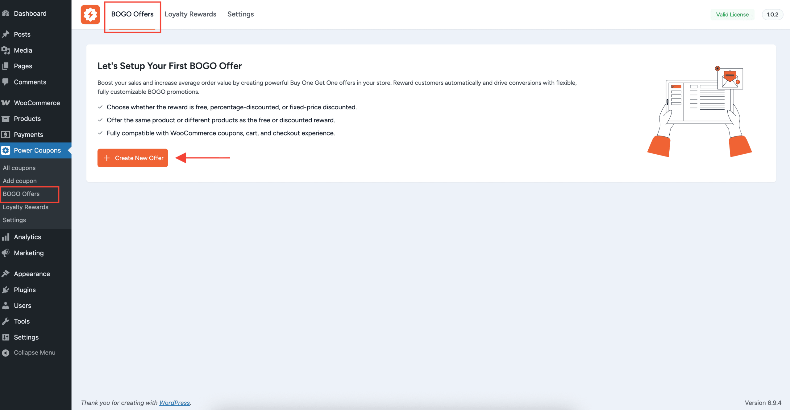 bogo offers listing page showing the offers table with create new offer button