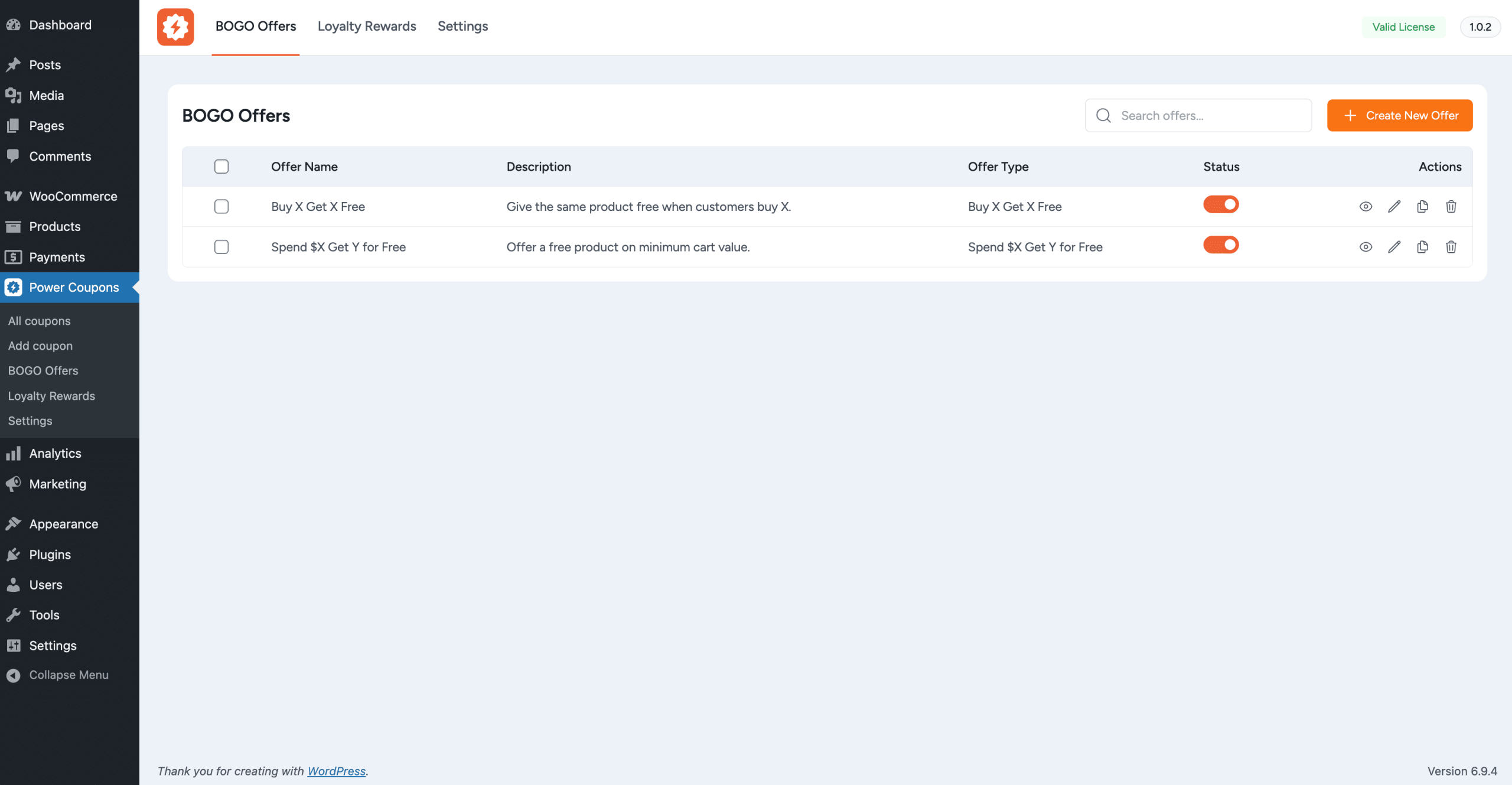 bogo offers table with columns offer name description offer type status toggle and action icons