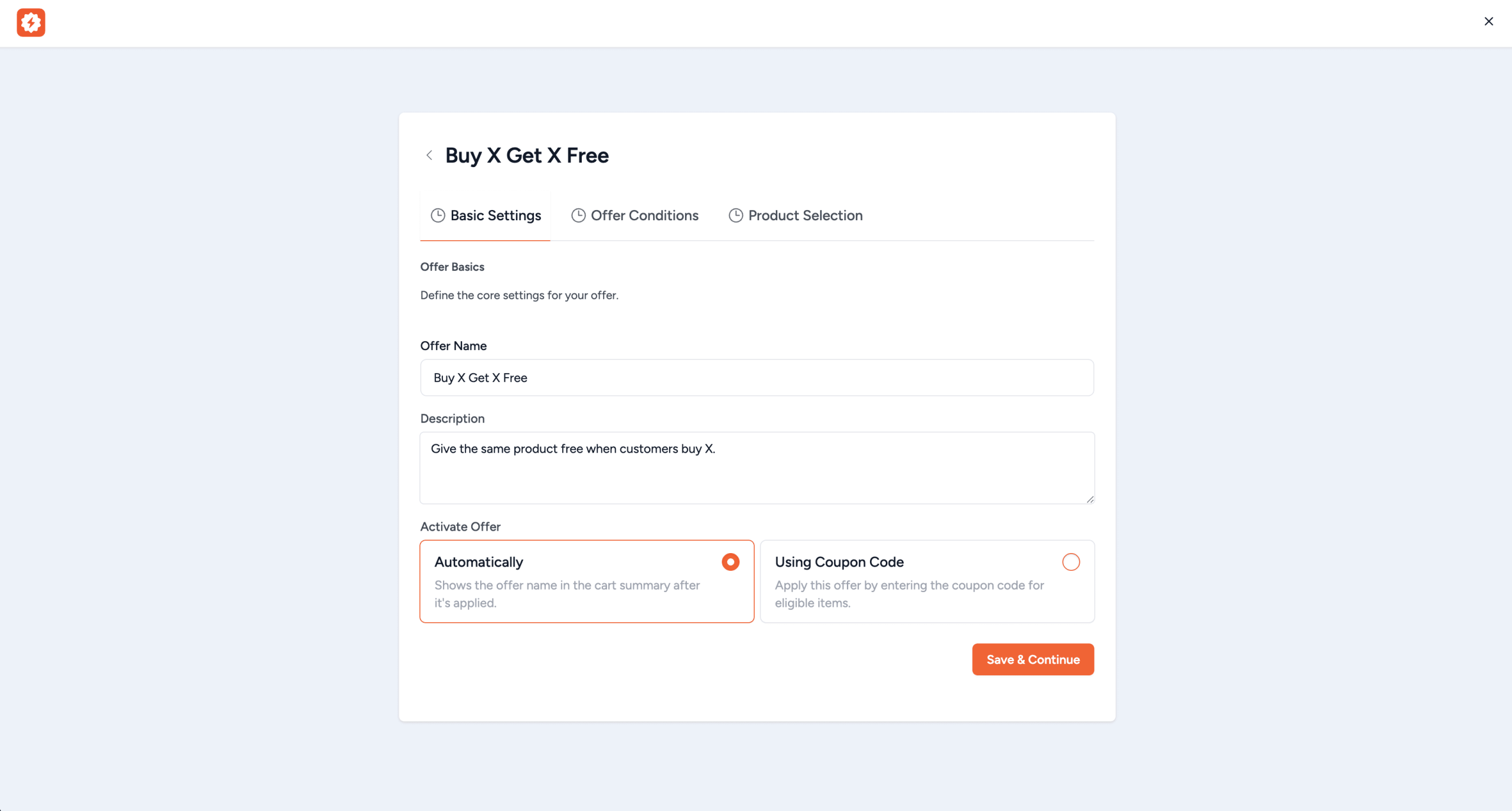 basic settings tab showing offer name description and activate offer options