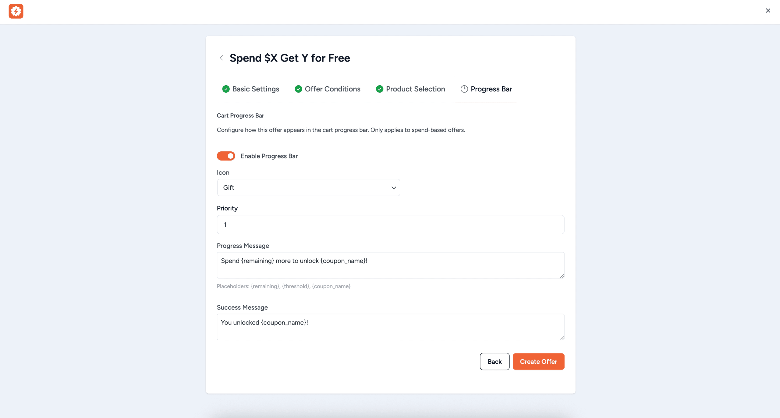 cart progress bar settings showing enable toggle icon priority progress message and success message