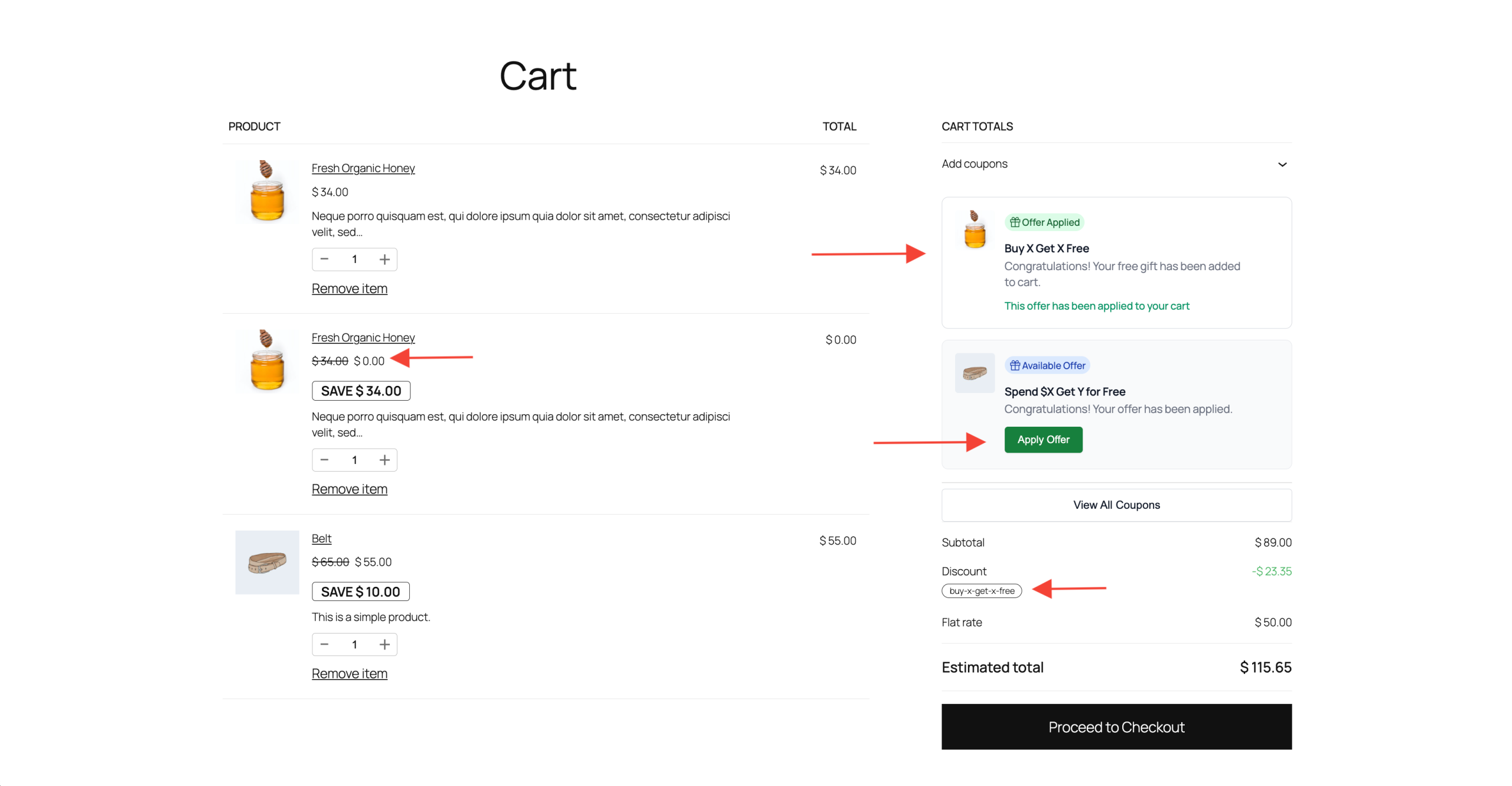 frontend cart notification showing bogo offer with product image, status badge, and apply offer button