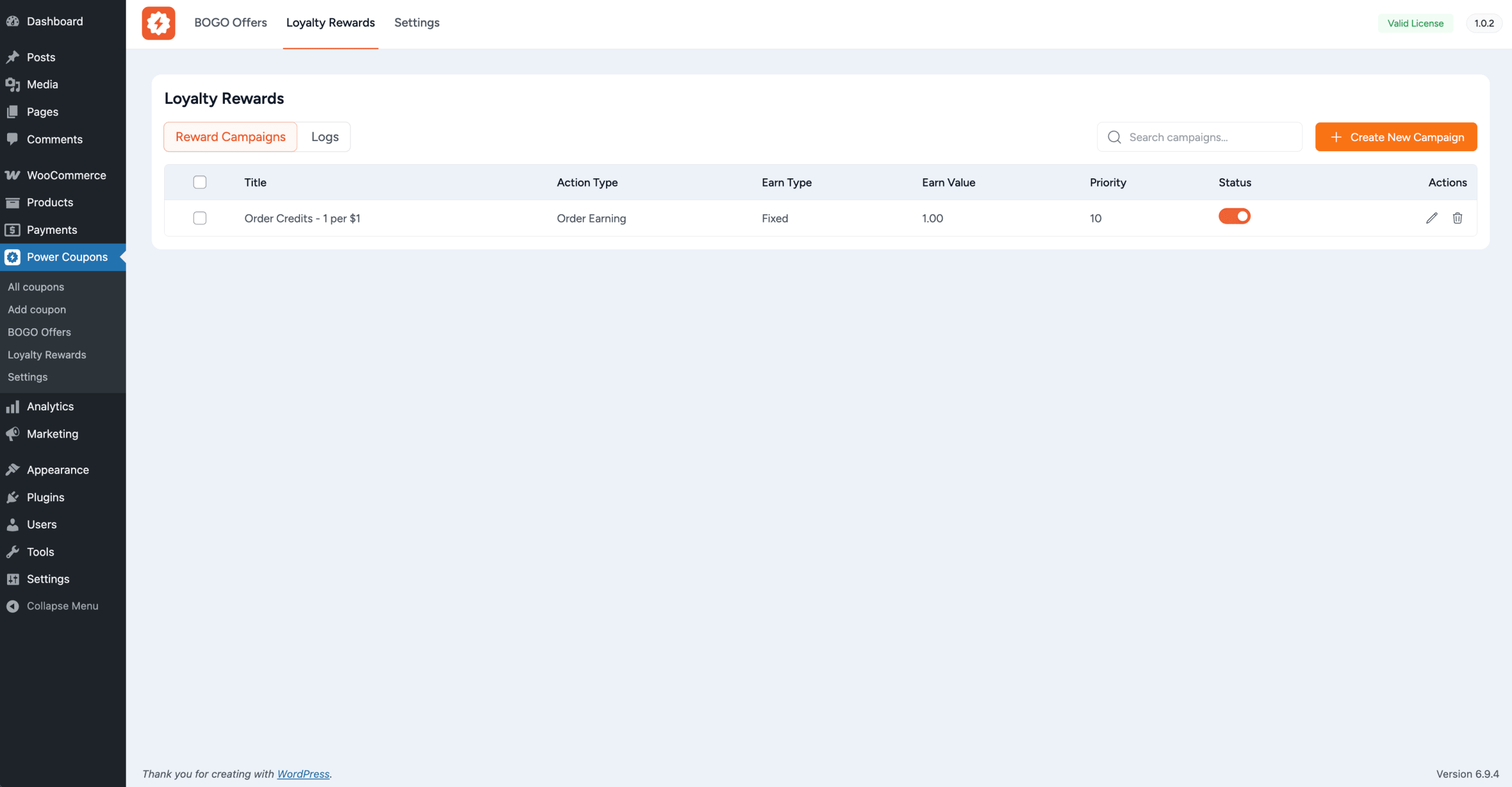 loyalty rewards campaigns list page showing campaign table with create campaign button