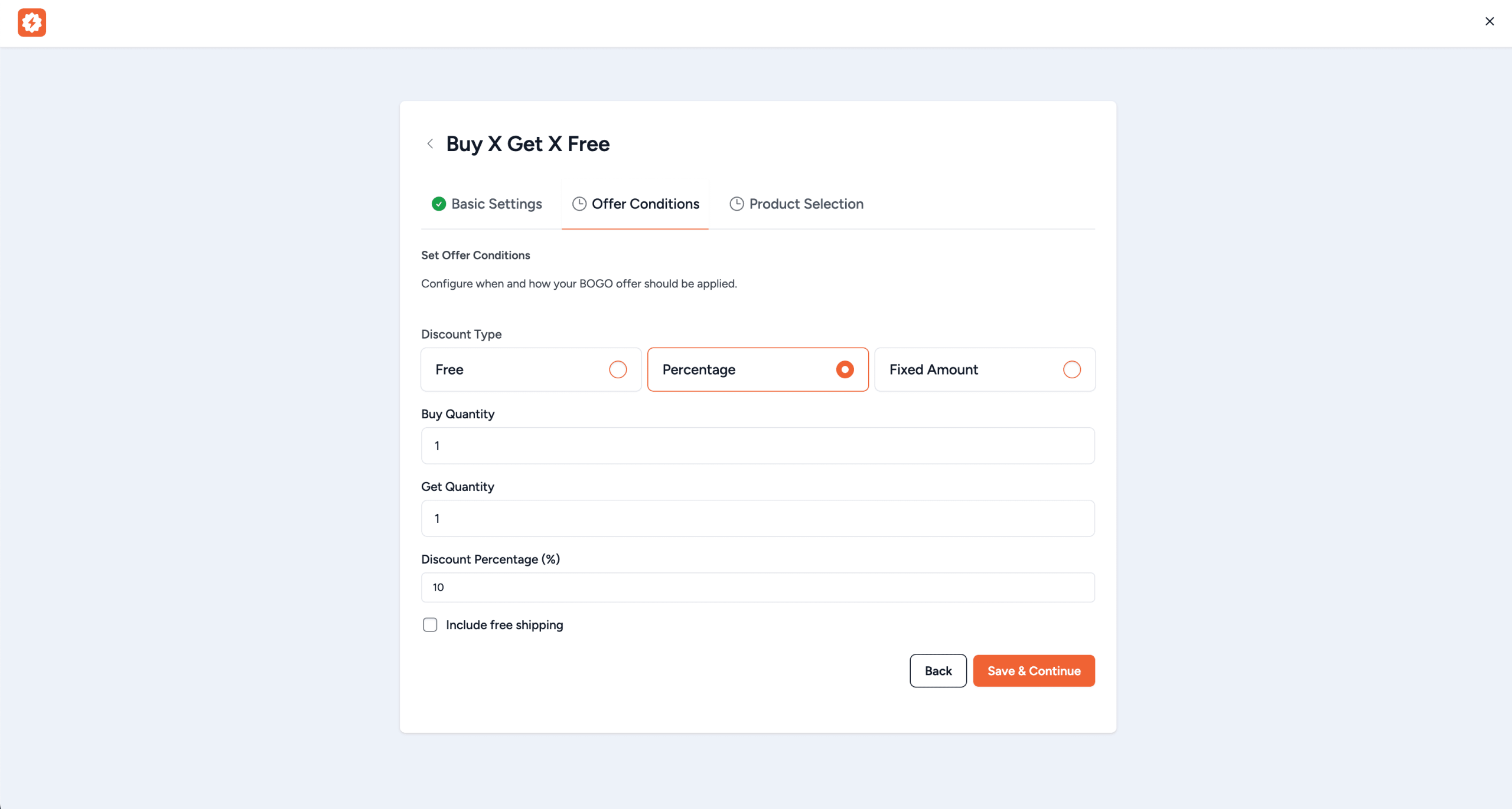 offer conditions tab showing discount type buy get quantity and conditional fields