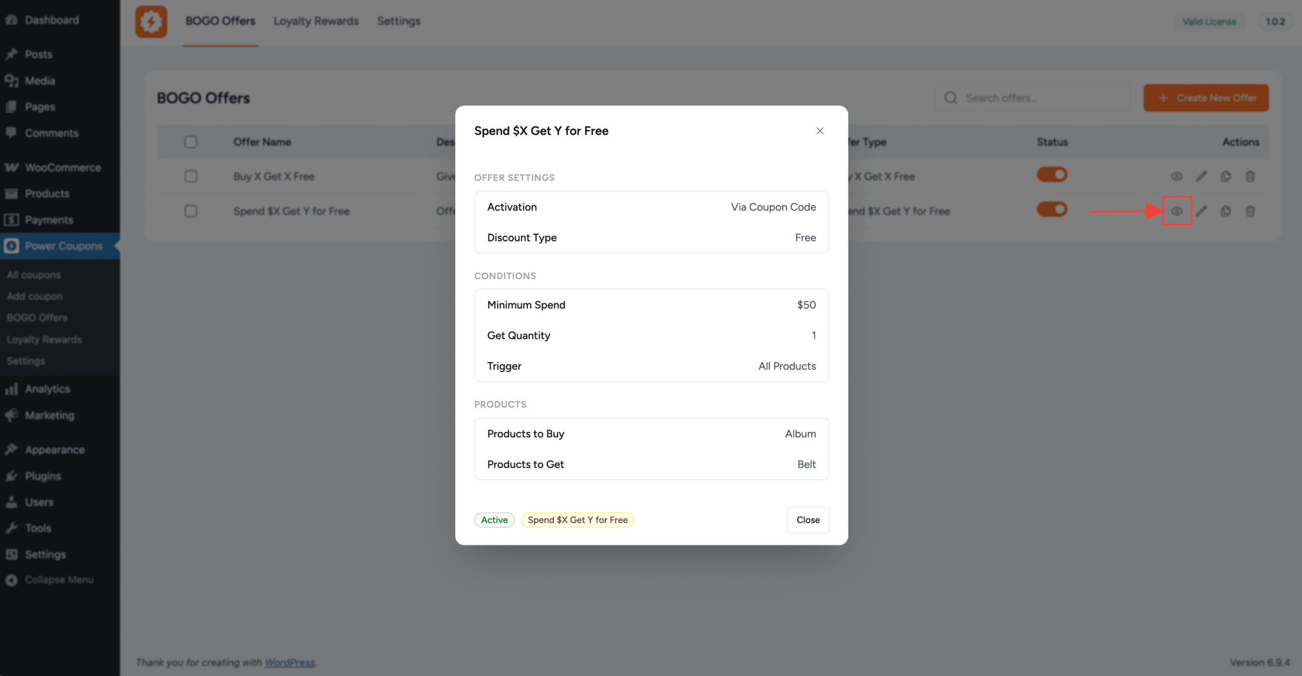 offer preview modal showing offer settings, conditions, products, and status:type badges