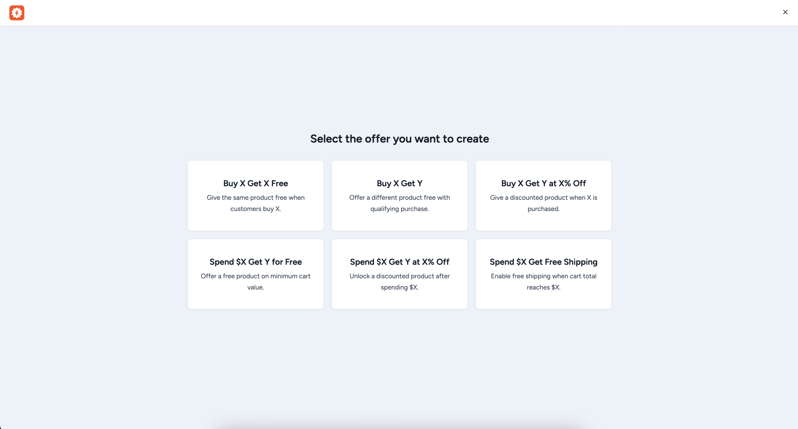 offer type selection screen showing all 6 bogo offer type cards