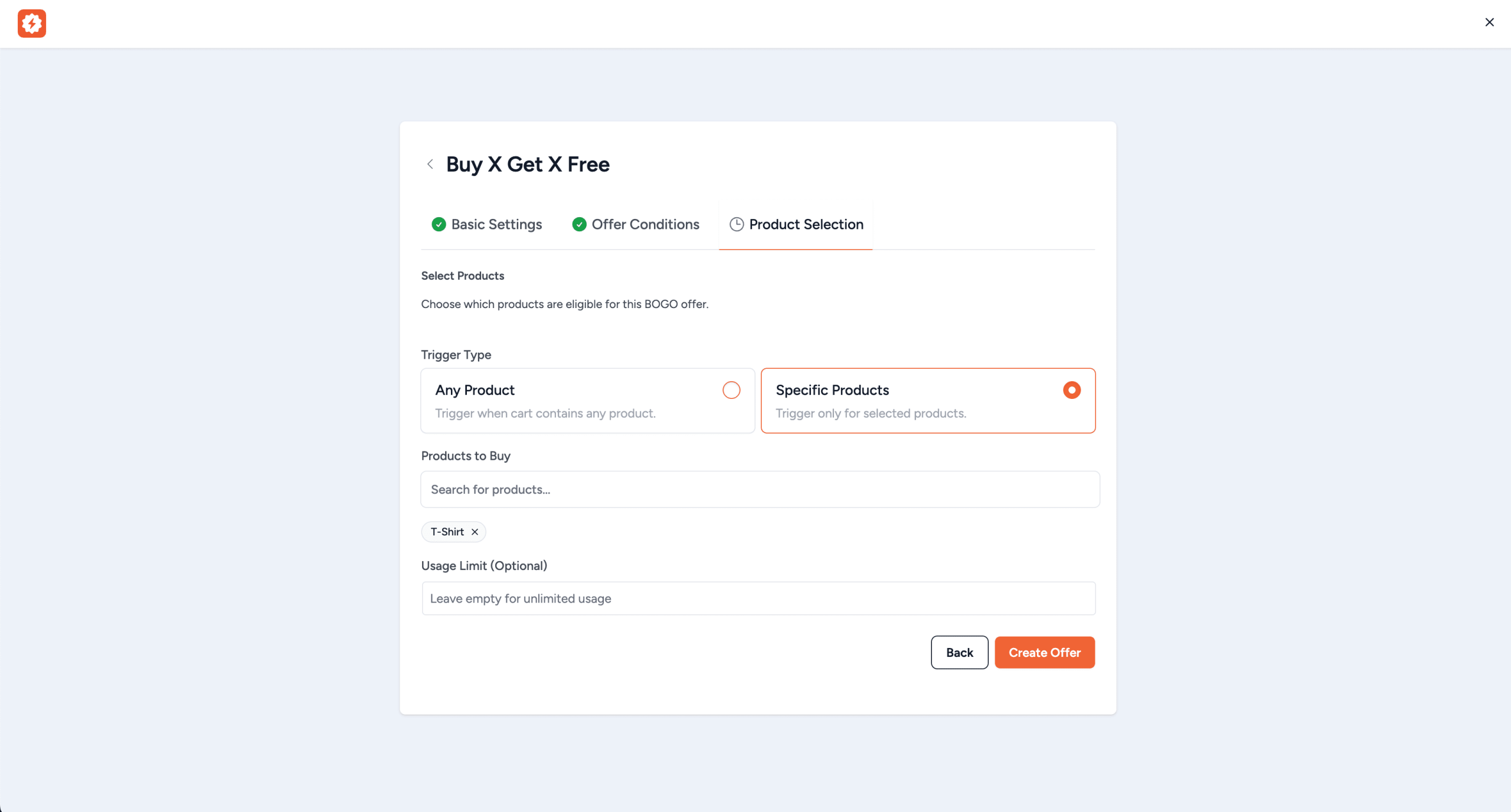 product selection tab showing trigger type products to buy and products to get selectors