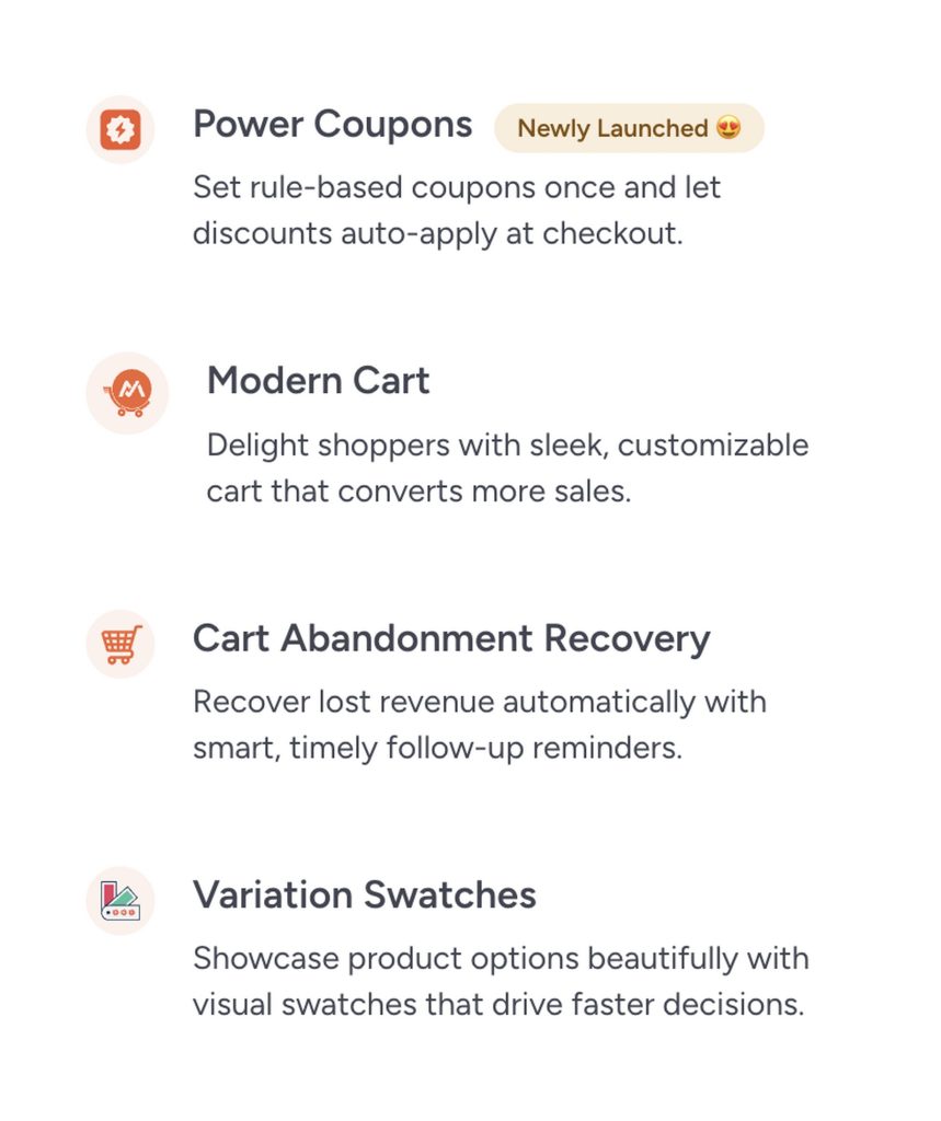CartFlows add-ons list including Power Coupons for auto-apply discounts, Modern Cart, Cart Abandonment Recovery, and Variation Swatches for WooCommerce stores.