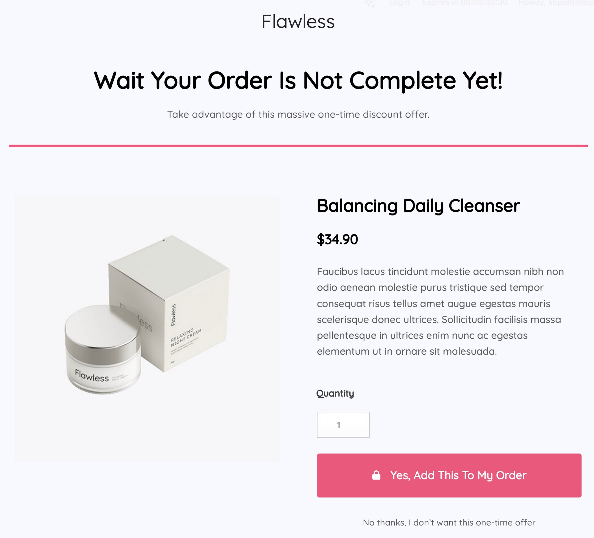 CartFlows one-click upsell page for a skincare brand showing a post-purchase offer for Balancing Daily Cleanser at $34.90 with a single Yes/No CTA button.
