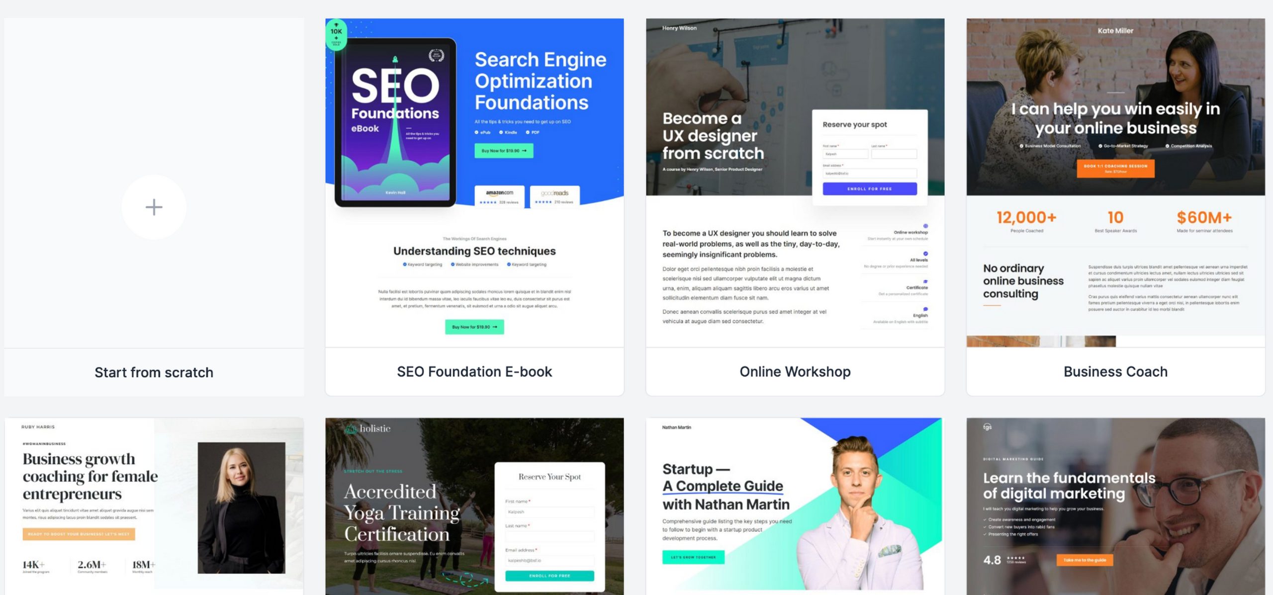 CartFlows pre-built funnel step templates for various niches including SEO courses, online workshops, business coaching, yoga certification, and e-commerce stores.
