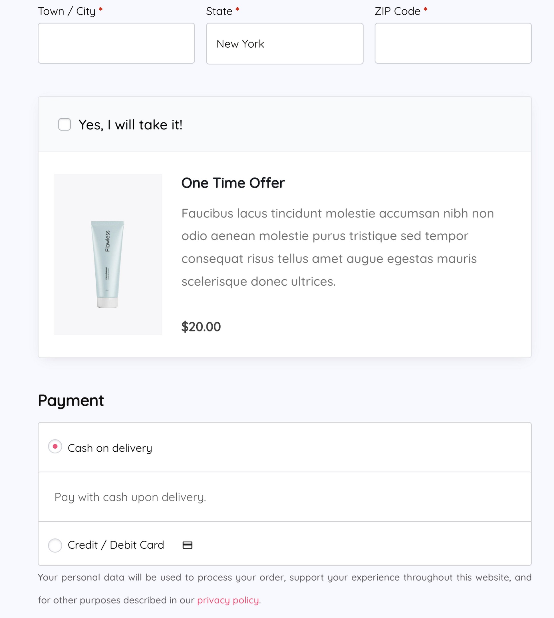 CartFlows WooCommerce checkout page showing an order bump checkbox with a one-time offer product at $20 and payment method options including cash on delivery and credit card.