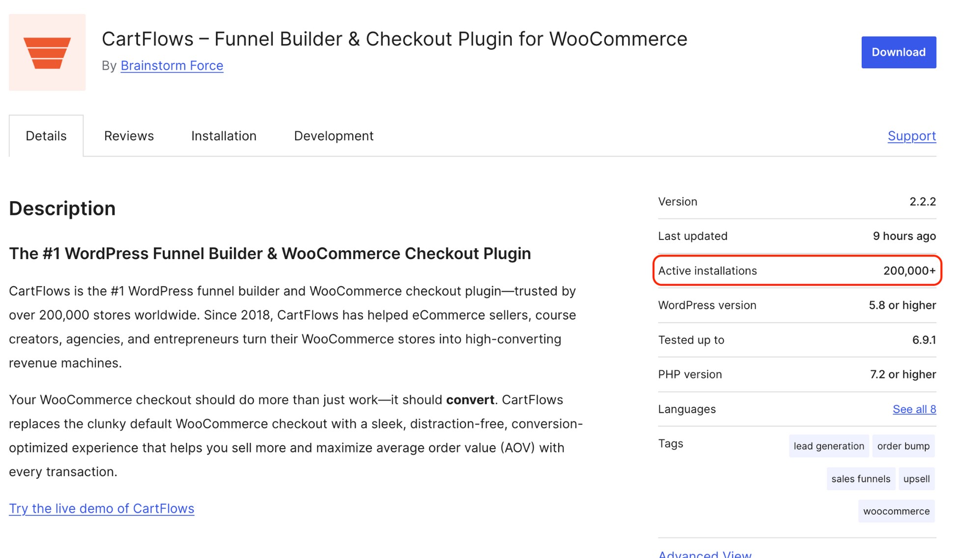 CartFlows WordPress.org plugin listing page showing 200,000+ active installations, 4.8-star rating, and plugin details by Brainstorm Force highlighting its funnel builder and WooCommerce checkout optimization.