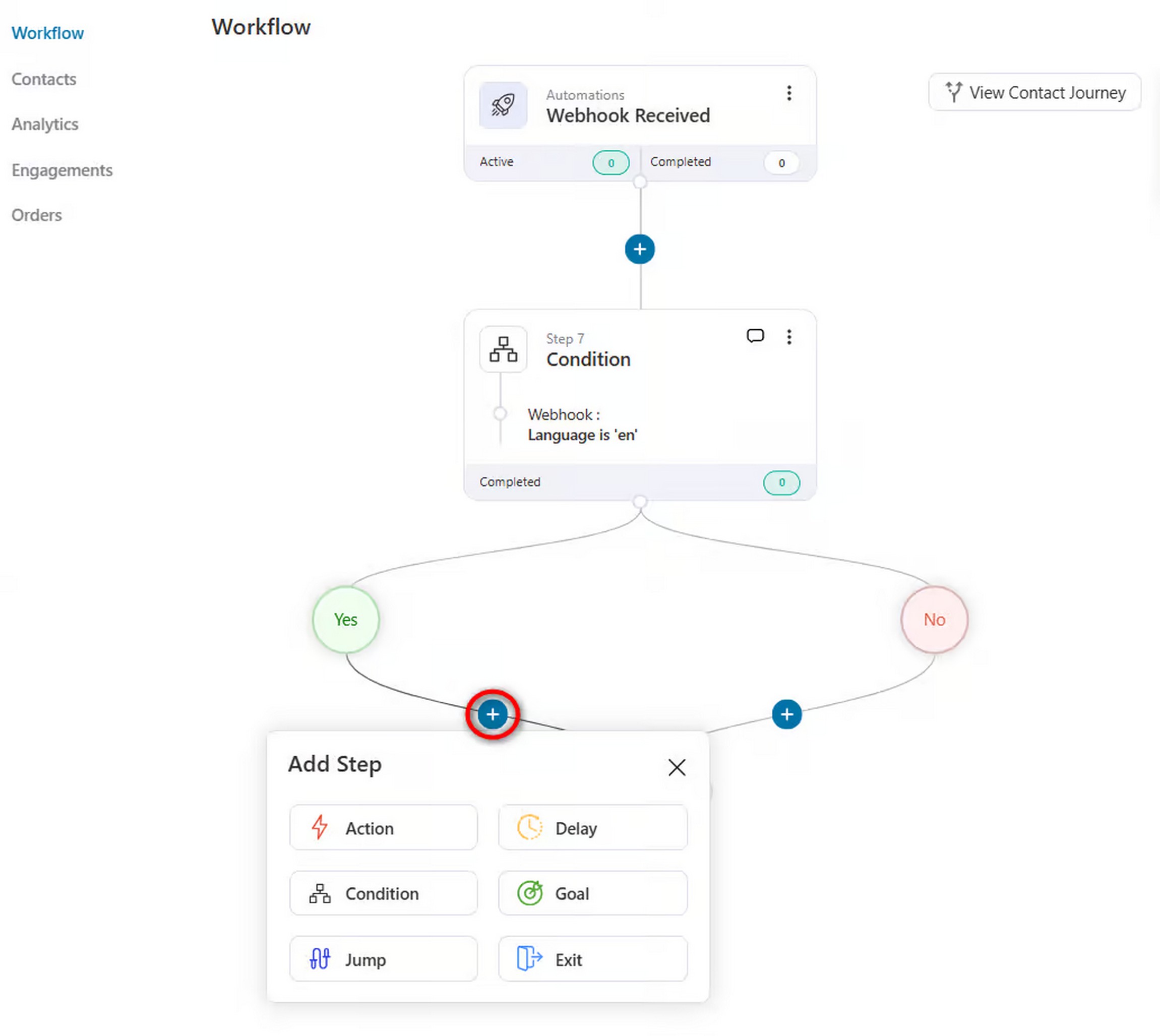 FunnelKit automation workflow builder showing a webhook trigger, condition step with Yes/No branch logic, and an Add Step modal with Action, Delay, Condition, Goal, Jump, and Exit options.