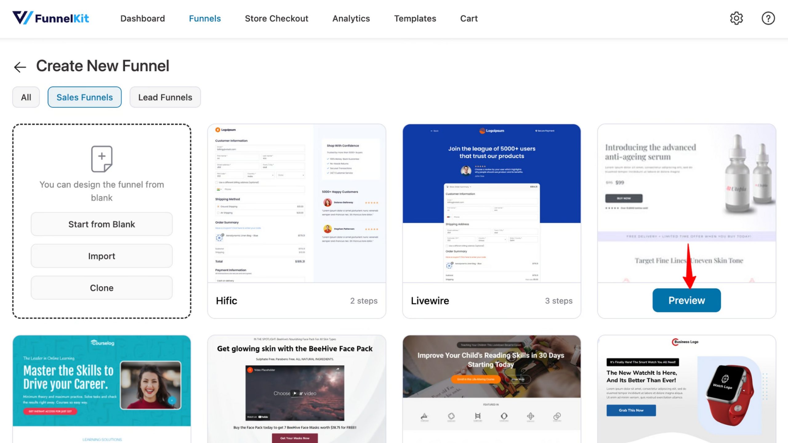 FunnelKit funnel template library showing Sales Funnels and Lead Funnels categories with niche-specific pre-built funnel templates including e-commerce, coaching, and supplement funnels.