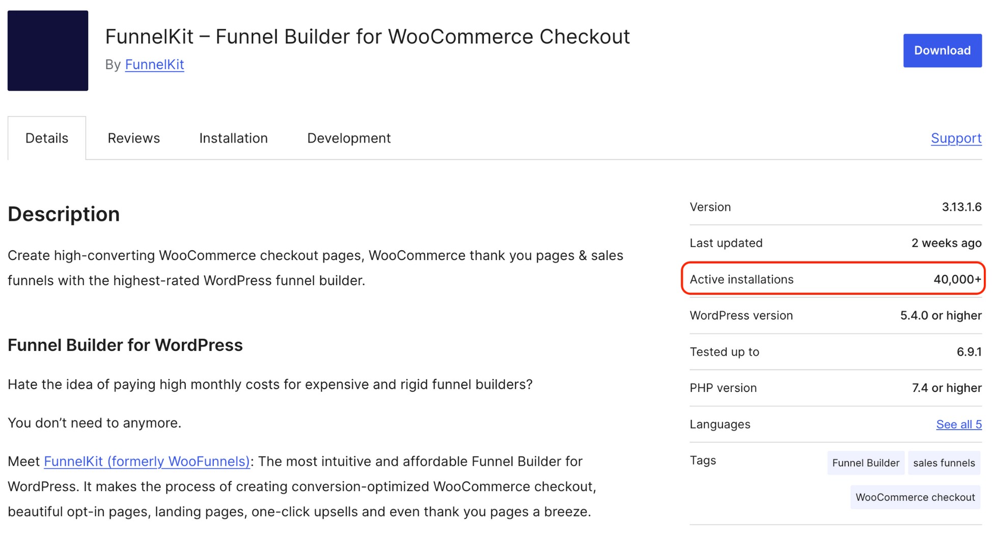 FunnelKit WordPress.org plugin listing showing 40,000+ active installations with tags for funnel builder, sales funnels, and WooCommerce checkout, formerly known as WooFunnels.