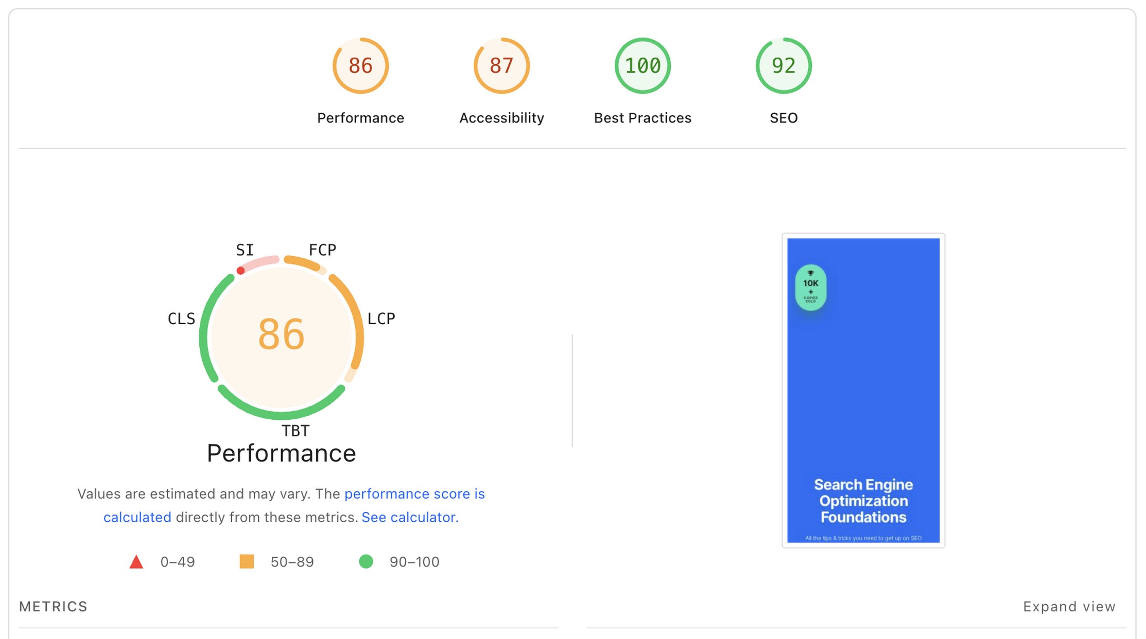 Google PageSpeed Insights scores for a CartFlows checkout page showing 86 Performance, 87 Accessibility, 100 Best Practices, and 92 SEO, demonstrating a leaner script footprint than FunnelKit.