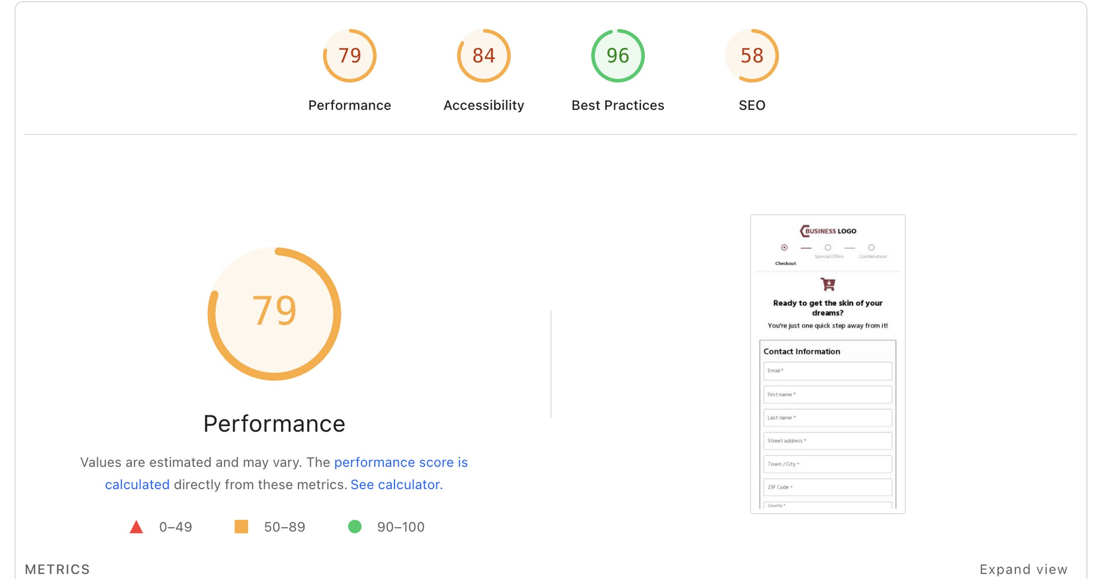 Google PageSpeed Insights scores for a FunnelKit checkout page showing 79 Performance, 84 Accessibility, 96 Best Practices, and 58 SEO with a heavier script footprint compared to CartFlows.