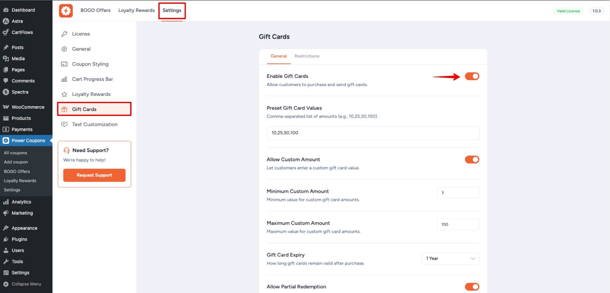 Enable Gift Cards