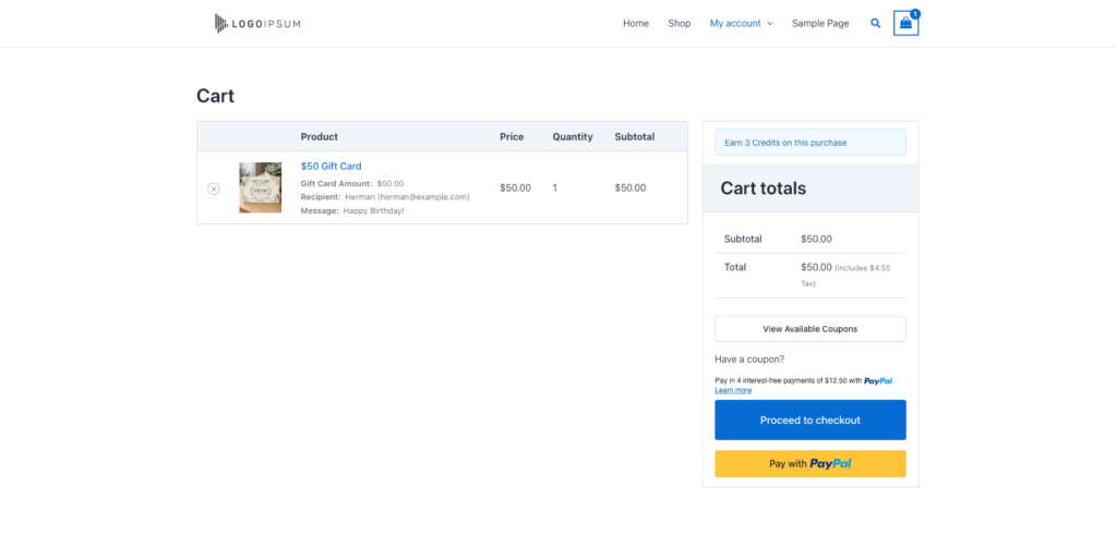 Gift Card Product on Cart Page