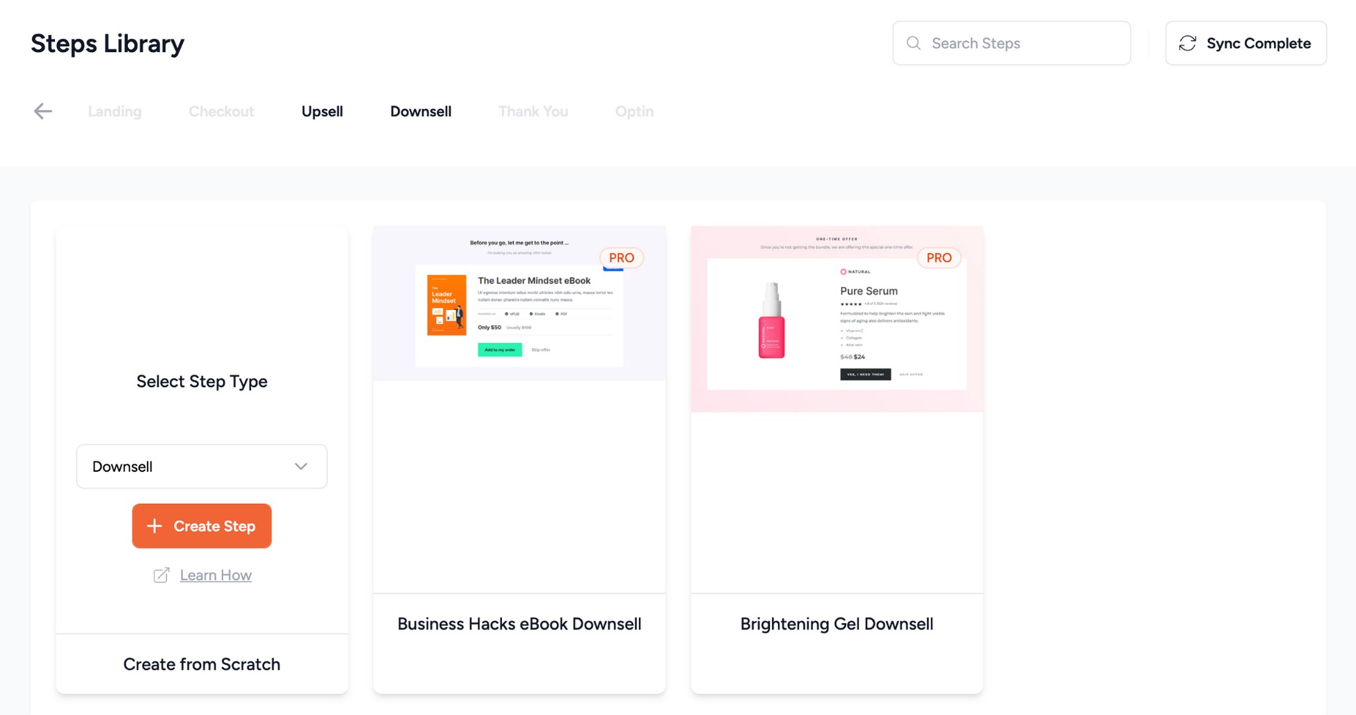 CartFlows dashboard showing how to create a new funnel flow with pre-built downsell templates